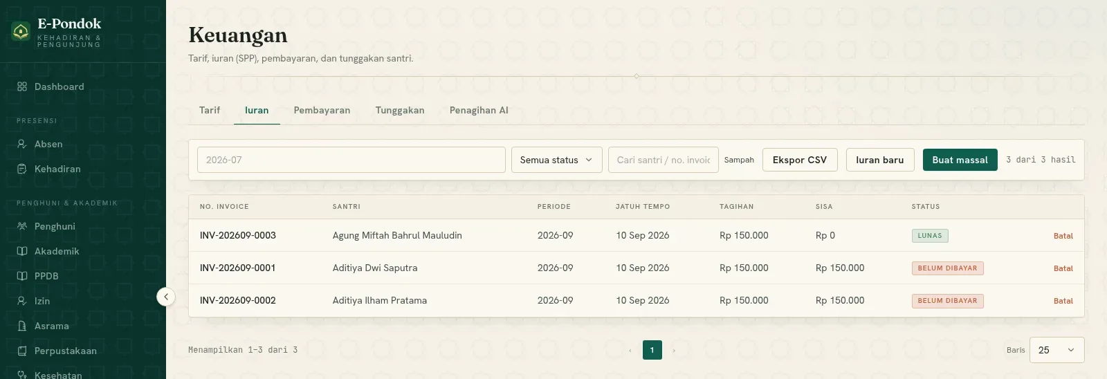 Menu Keuangan E-Pondok: tagihan bulanan dengan status dan pembayaran