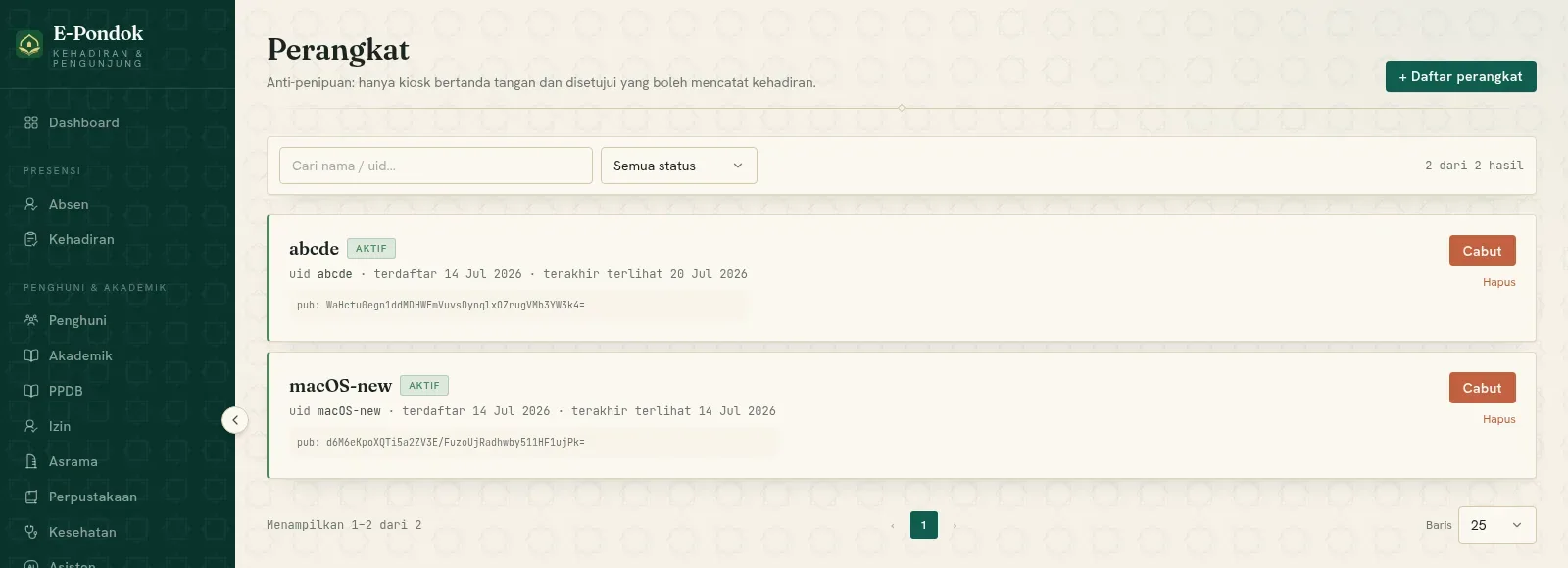 Status, kunci publik, dan terakhir aktif per kios — cabut kapan saja