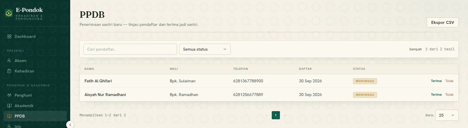 Menu PPDB E-Pondok: daftar pendaftar dengan status dan dokumen