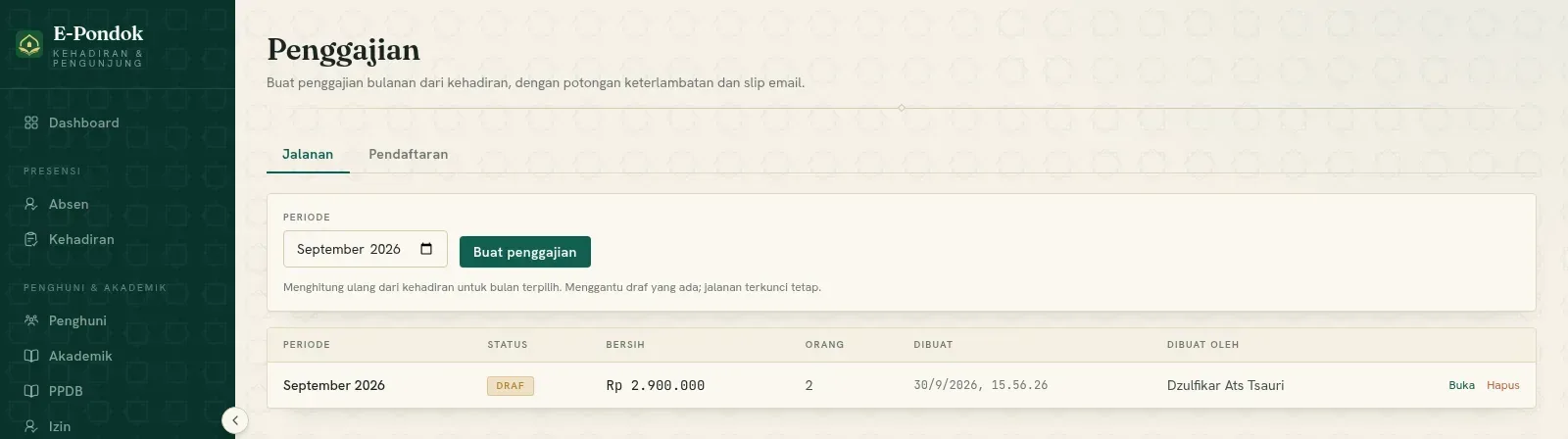 Menu Penggajian E-Pondok: daftar periode payroll staf