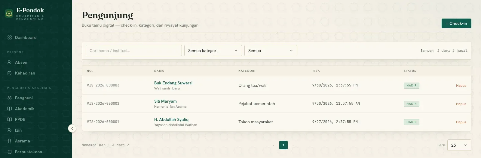 Menu Tamu & Kunjungan E-Pondok: buku tamu digital dengan rekap kunjungan