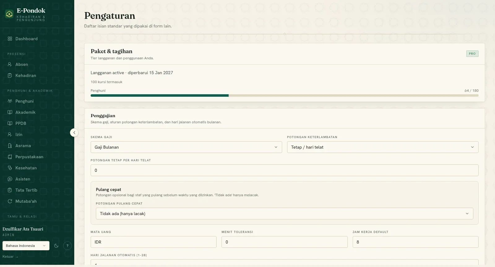 Pengaturan notifikasi wali E-Pondok: konfigurasi email otomatis check-in dan check-out